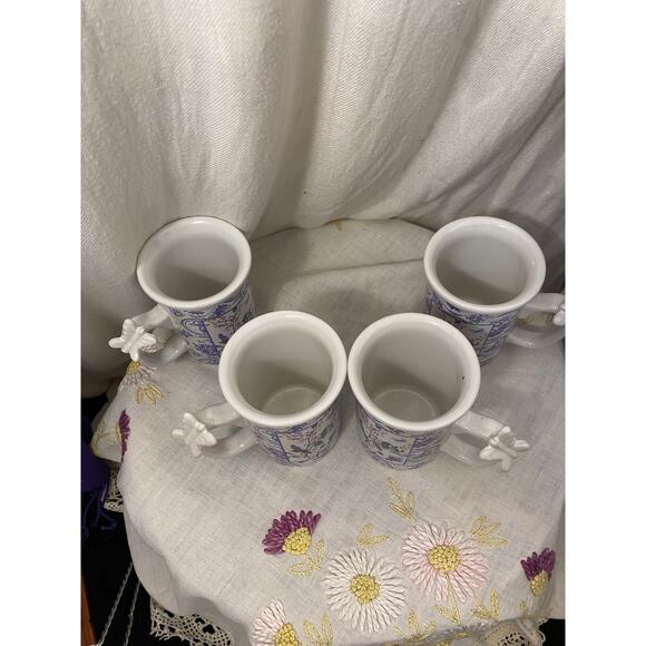 Set of 4 Mugs / Cups, Coffee / Tea, Floral pattern with 3-D Butterfly on handles - Picture 3 of 12